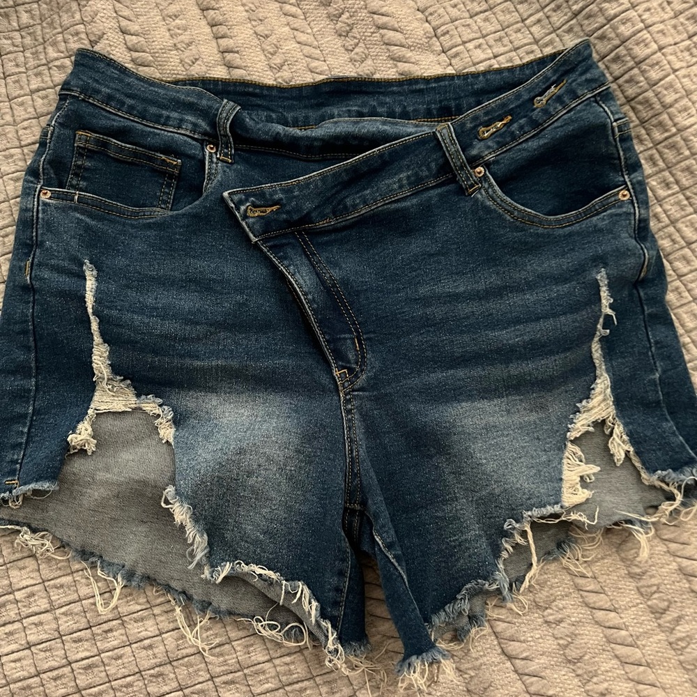 Blue Cut Off Shorts Angled Waist Band